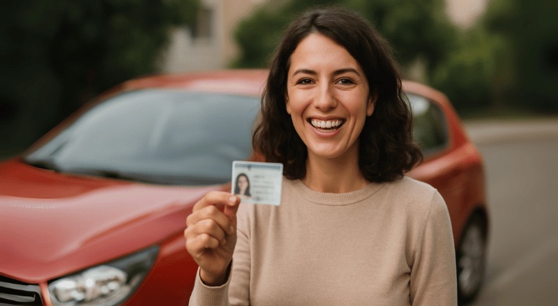 Uma pessoa sorridente exibe sua carteira de motorista em frente ao carro, transmitindo conquista e alegria