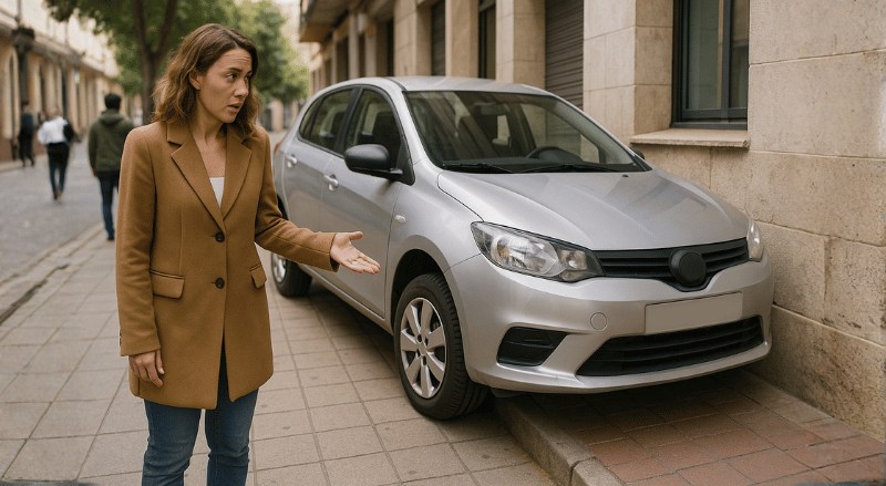 Carro prateado estacionado sobre a calçada, com uma mulher ao lado demonstrando indignação em uma rua urbana iluminada naturalmente