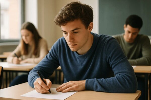 Um estudante concentrado escreve em sua prova dentro de uma sala de aula iluminada naturalmente, transmitindo foco e seriedade