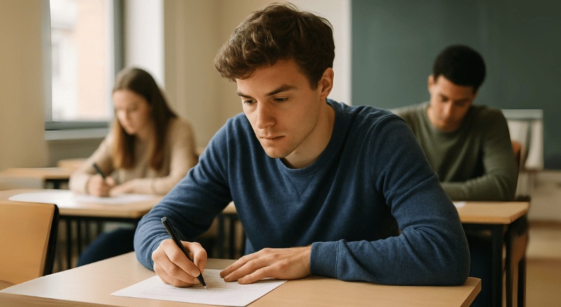 Um estudante concentrado escreve em sua prova dentro de uma sala de aula iluminada naturalmente, transmitindo foco e seriedade