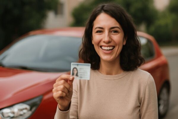 Uma pessoa sorridente exibe sua carteira de motorista em frente ao carro, transmitindo conquista e alegria