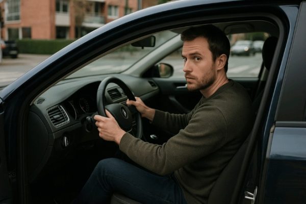 um homem dentro de um carro fazendo uma conversão, com expressão atenta ao trânsito e iluminação natural em ambiente urbano