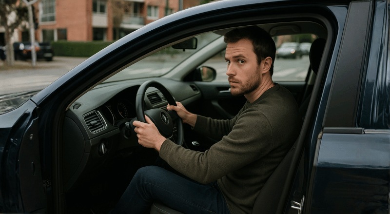 um homem dentro de um carro fazendo uma conversão, com expressão atenta ao trânsito e iluminação natural em ambiente urbano