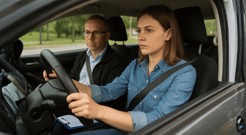 uma mulher realizando a prova prática de direção, concentrada ao volante, enquanto o avaliador observa atentamente ao seu lado com uma prancheta