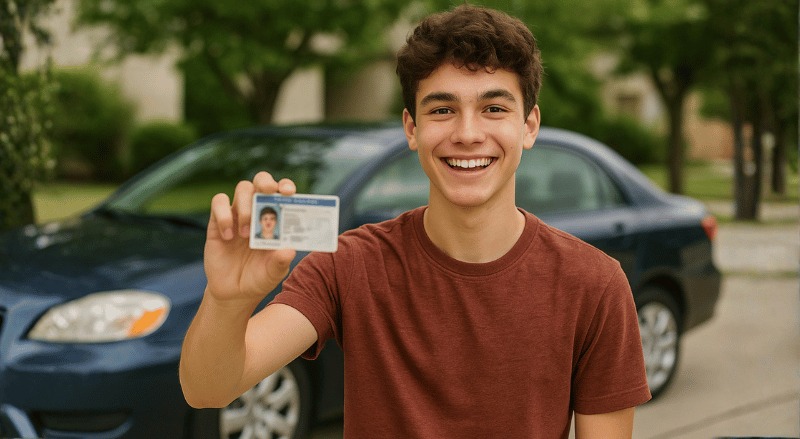 Um adolescente sorridente exibindo sua carteira de motorista com orgulho, em plano médio e iluminação natural, enquanto seu carro aparece desfocado ao fundo, criando um clima realista e envolvente