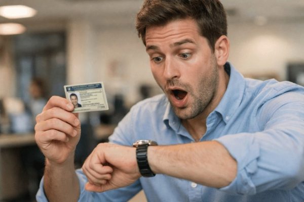 Pessoa em ambiente interno olha surpresa para o relógio de pulso enquanto segura uma CNH na outra mão, com expressão de preocupação e iluminação suave em enquadramento realista.