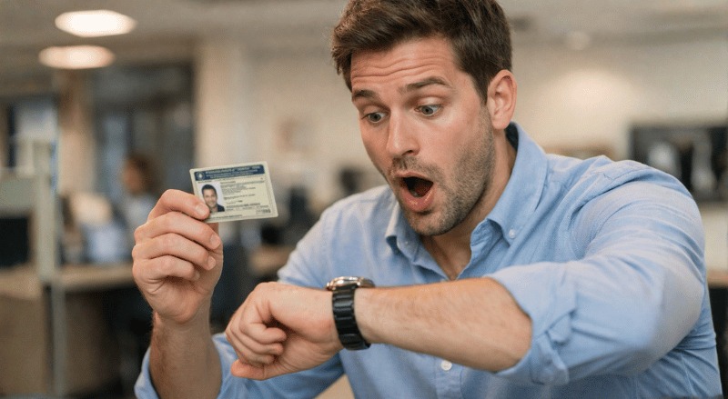 Pessoa em ambiente interno olha surpresa para o relógio de pulso enquanto segura uma CNH na outra mão, com expressão de preocupação e iluminação suave em enquadramento realista.