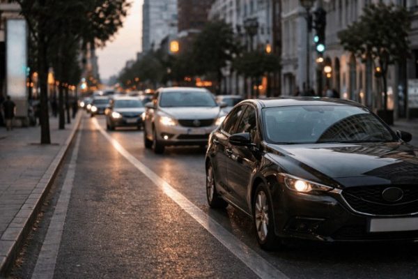 Rua urbana movimentada com diversos carros circulando em pista asfaltada, ambiente realista e iluminação natural suave, sem presença de pessoas.