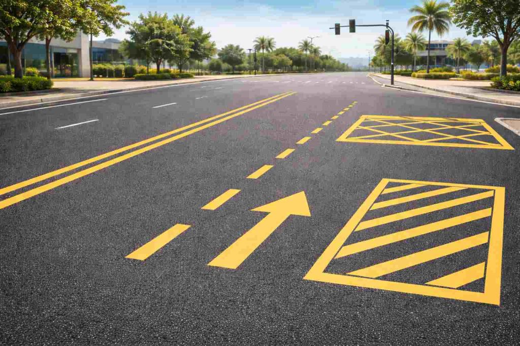 Imagem realista de uma via urbana ampla exibindo exemplos de sinalização horizontal amarela conforme as normas de trânsito brasileiras, incluindo linhas duplas contínuas, linha tracejada de divisão de fluxos opostos, seta direcional amarela e marcações de canalização pintadas sobre o asfalto, com iluminação natural suave, fundo urbano moderno e composição educativa institucional.