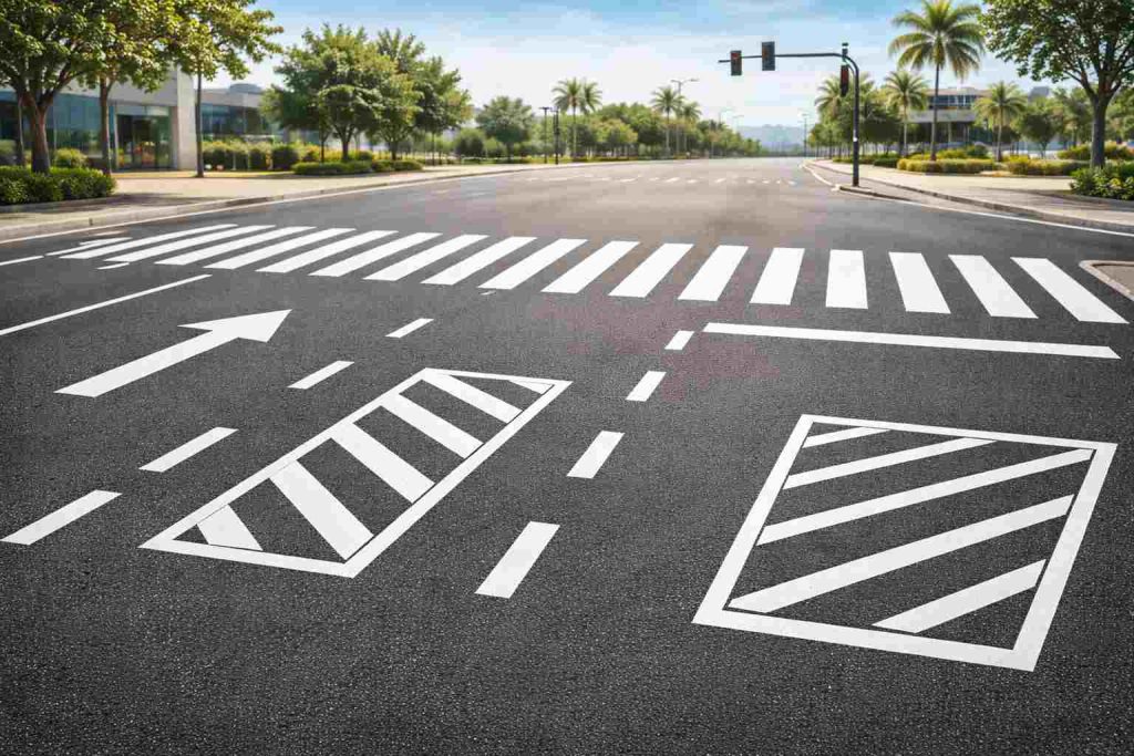 Imagem realista de uma via urbana ampla exibindo diversos exemplos de sinalização horizontal branca conforme as regras de trânsito brasileiras, incluindo faixa de pedestres, setas direcionais, linhas tracejadas de divisão de pista, linhas de retenção e áreas zebrada de canalização pintadas sobre o asfalto, com fundo em tons de azul claro ao horizonte, iluminação natural suave e composição institucional educativa.