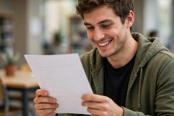 pessoa feliz olhando diretamente para a prova nas mãos