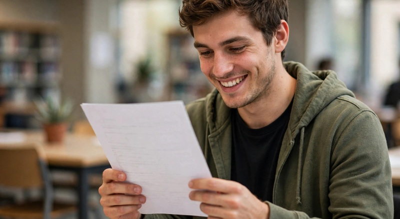 pessoa feliz olhando diretamente para a prova nas mãos